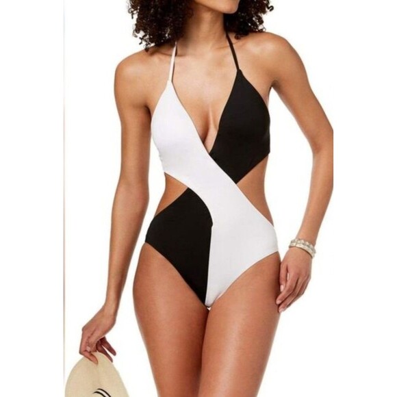 Bar III Other - Bar III Women's Colorblock Plunging Halter Neck Black White Swimsuit XL